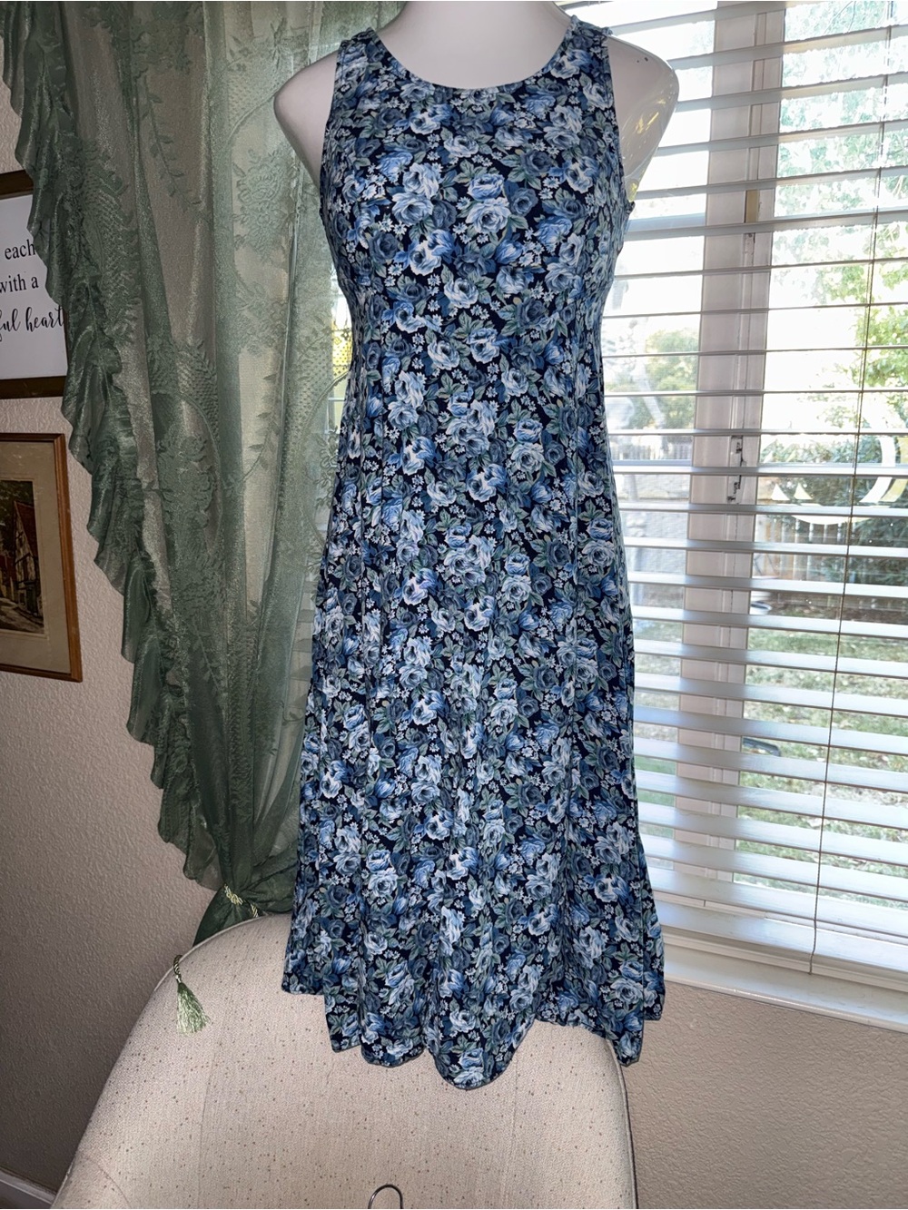 Vintage 90s Tickets Blue Rose Floral Sleeveless Tank Dress - Size 9/10
